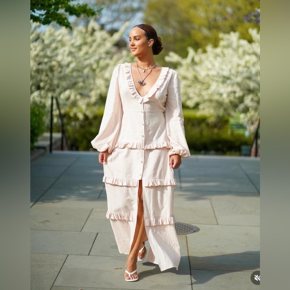 Commense Cotton & Linen Semi-Sheer Ruffle Trim Long Dress - Picture 7 of 16